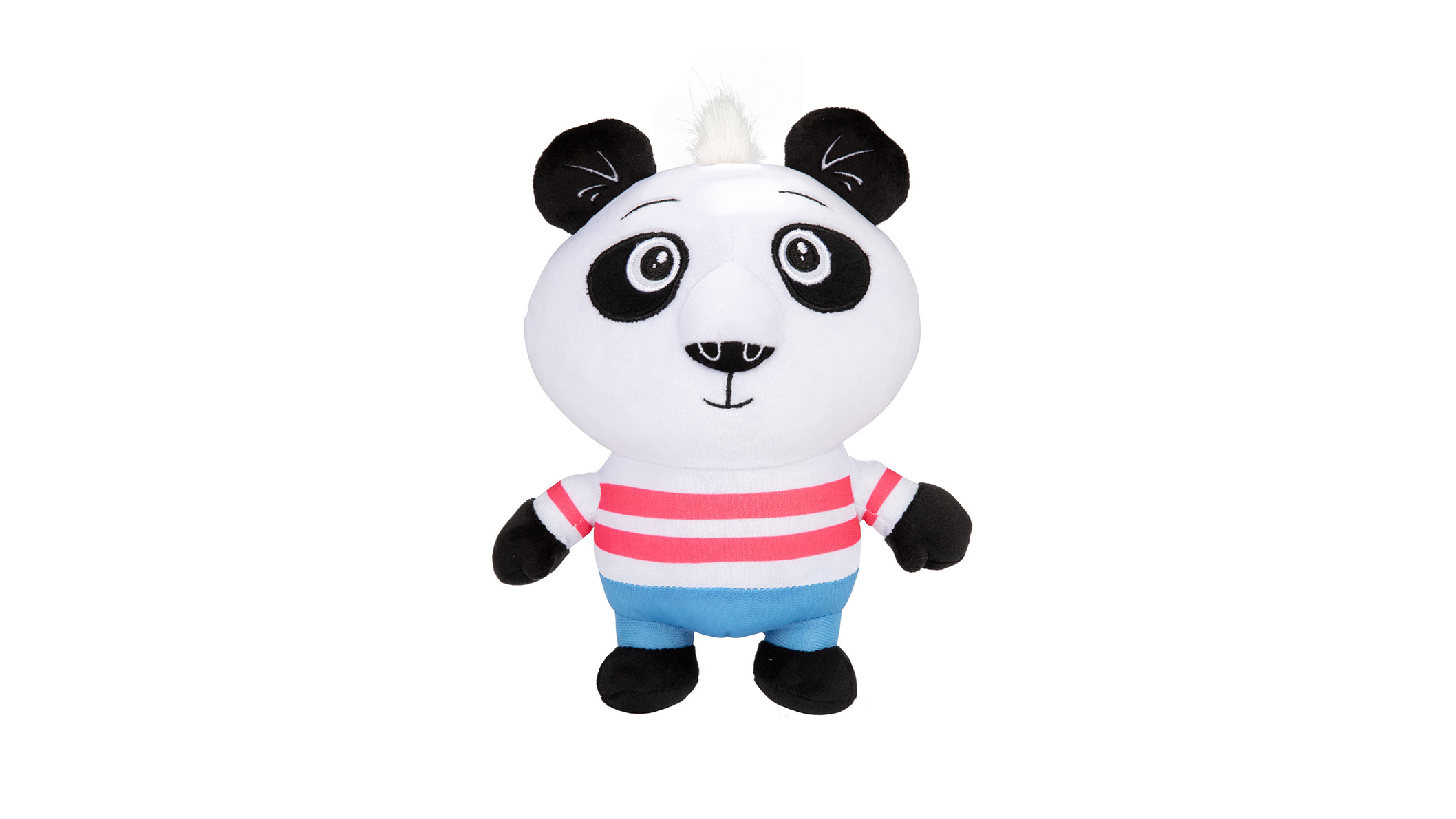 A panda bear wearing blue shorts and a striped pink and white shirt.