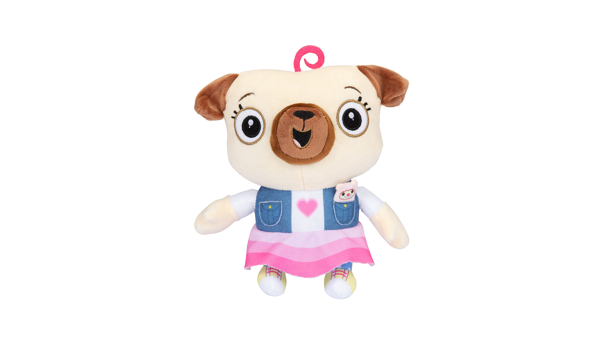 A cute pug wearing a pink skirt and blue vest and a small mouse hiding inside her vest pocket.
