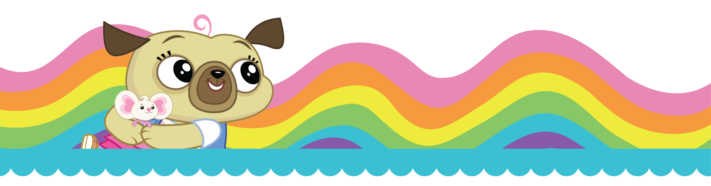 A cute, beige pug holding a tiny, white mouse in her hands in front of a rainbow background.