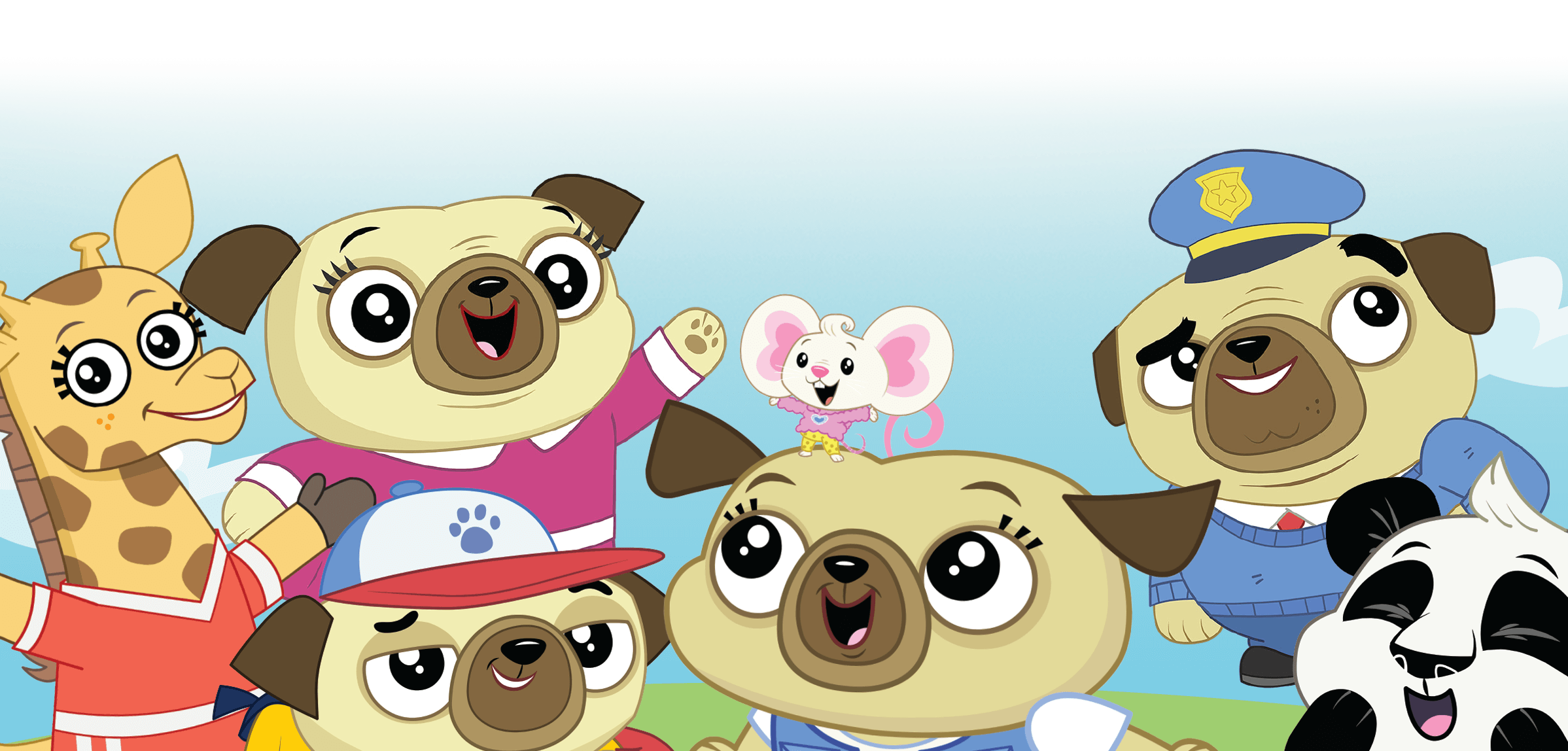 Four pugs, a giraffe, a panda, and a tiny white mouse standing close to one another on a green field with a blue sky in the background.