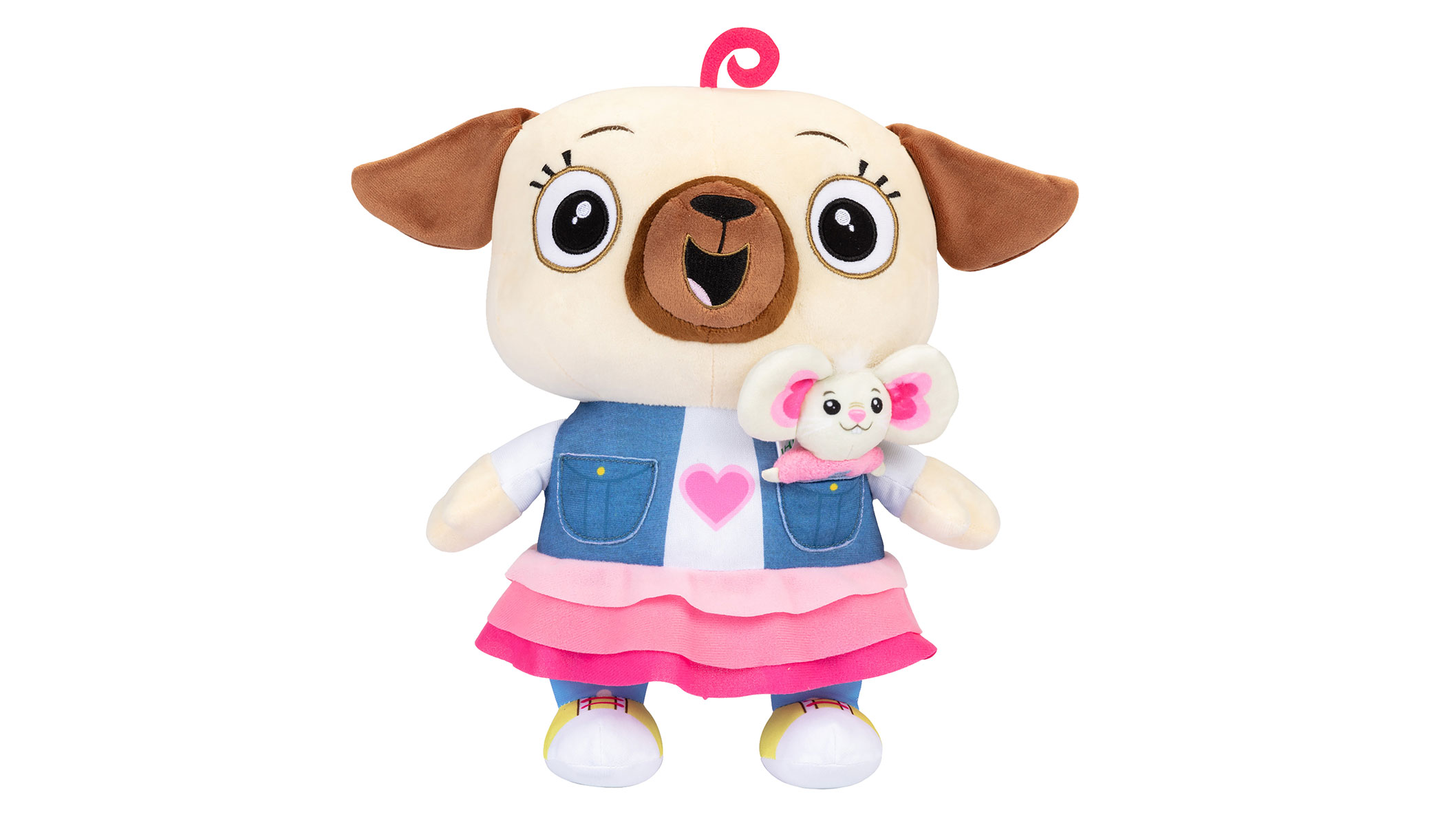 A cute pug wearing a pink skirt and blue vest and a small mouse hiding inside her vest pocket.